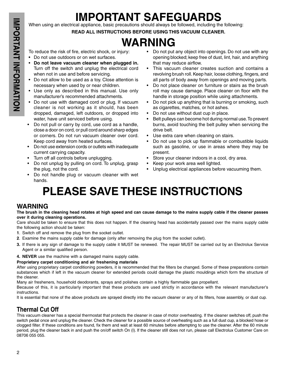 Important safeguards, Warning, Please save these instructions | Thermal cut off | Electrolux Z5600 Series User Manual | Page 2 / 16