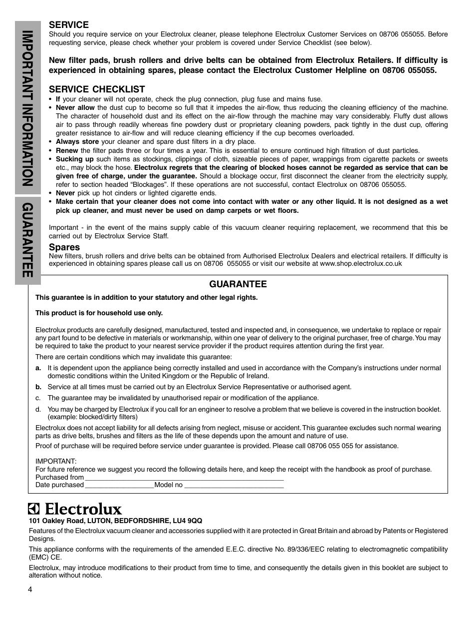 Service, Service checklist, Spares | Guarantee | Electrolux Z5600 Series User Manual | Page 4 / 16