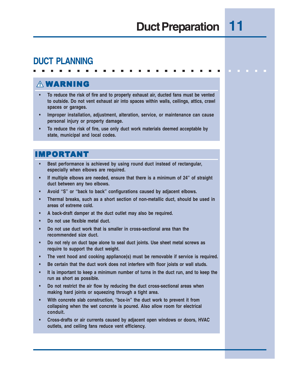 Duct preparation, Duct planning, Warning | Impor | Electrolux E308WV60ES User Manual | Page 11 / 18