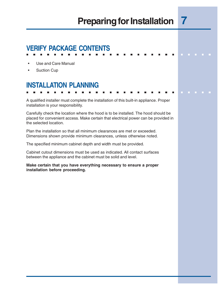 Preparing for installation, Verify package contents, Installation planning | Electrolux E308WV60ES User Manual | Page 7 / 18