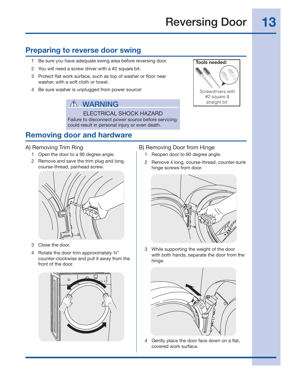 Reversing door, Warning, Removing door and hardware | Preparing to reverse door swing | Electrolux 137098000 User Manual | Page 13 / 20