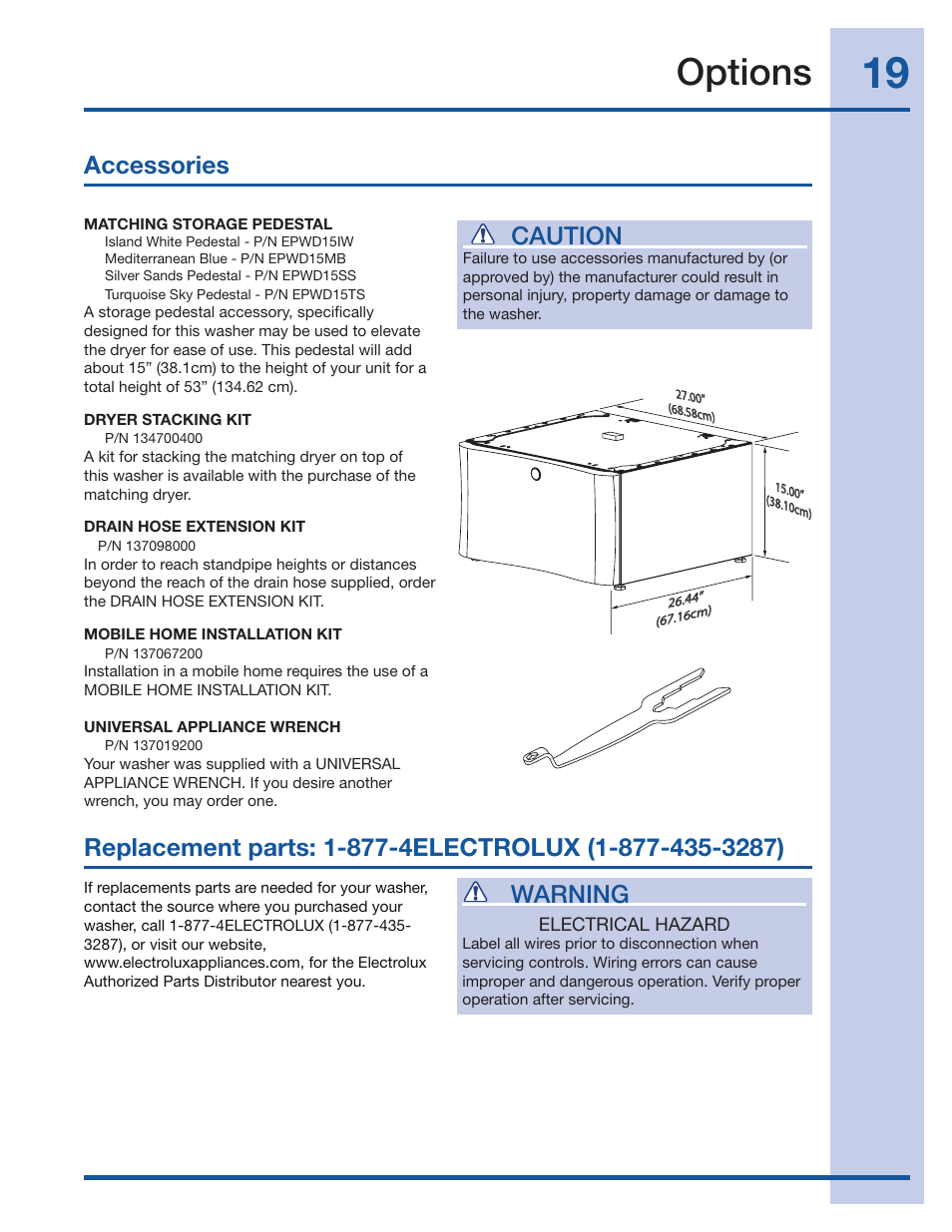 Options, Warning, Caution | Electrolux 137098000 User Manual | Page 19 / 20