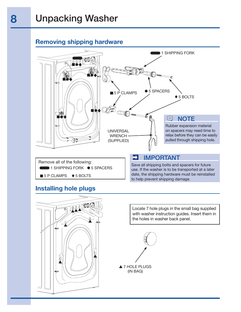 Unpacking washer, Important | Electrolux 137098000 User Manual | Page 8 / 20