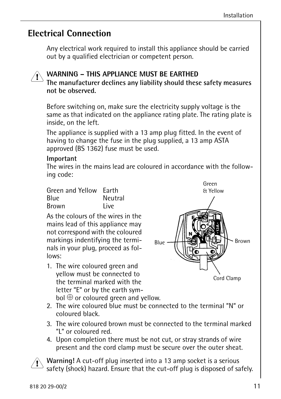 Electrical connection | Electrolux 2494-6 GA User Manual | Page 11 / 32