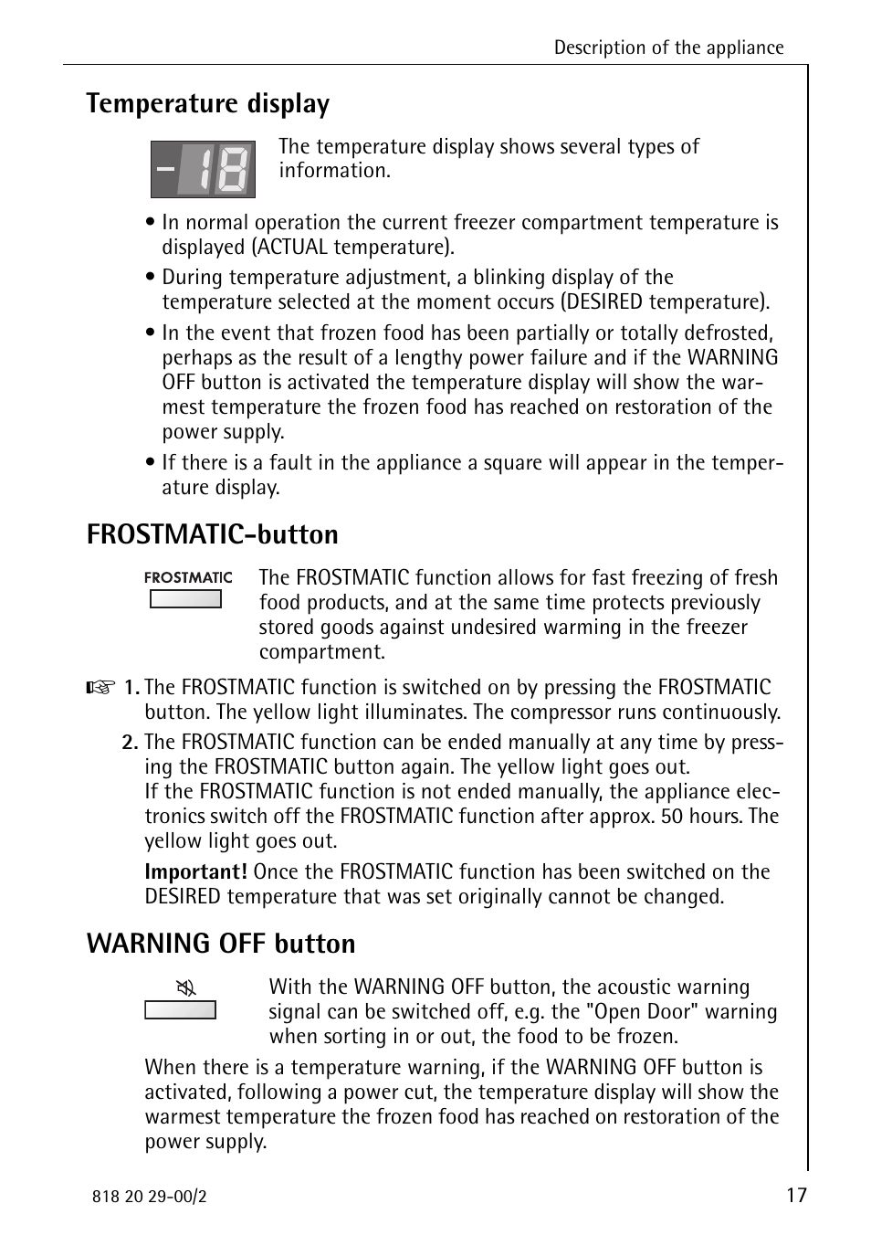 Temperature display, Frostmatic-button, Warning off button | Electrolux 2494-6 GA User Manual | Page 17 / 32