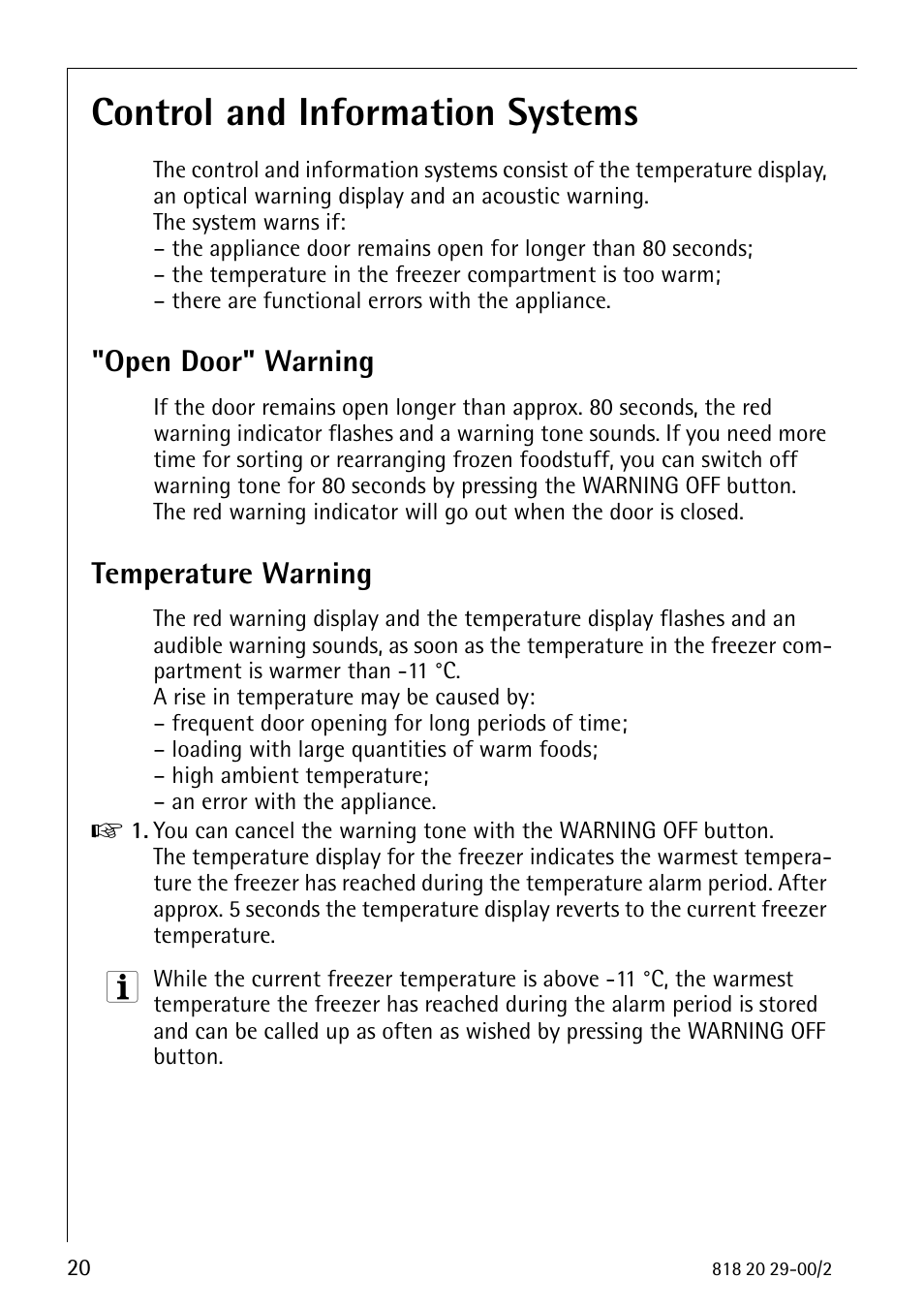 Control and information systems, Open door" warning, Temperature warning | Electrolux 2494-6 GA User Manual | Page 20 / 32