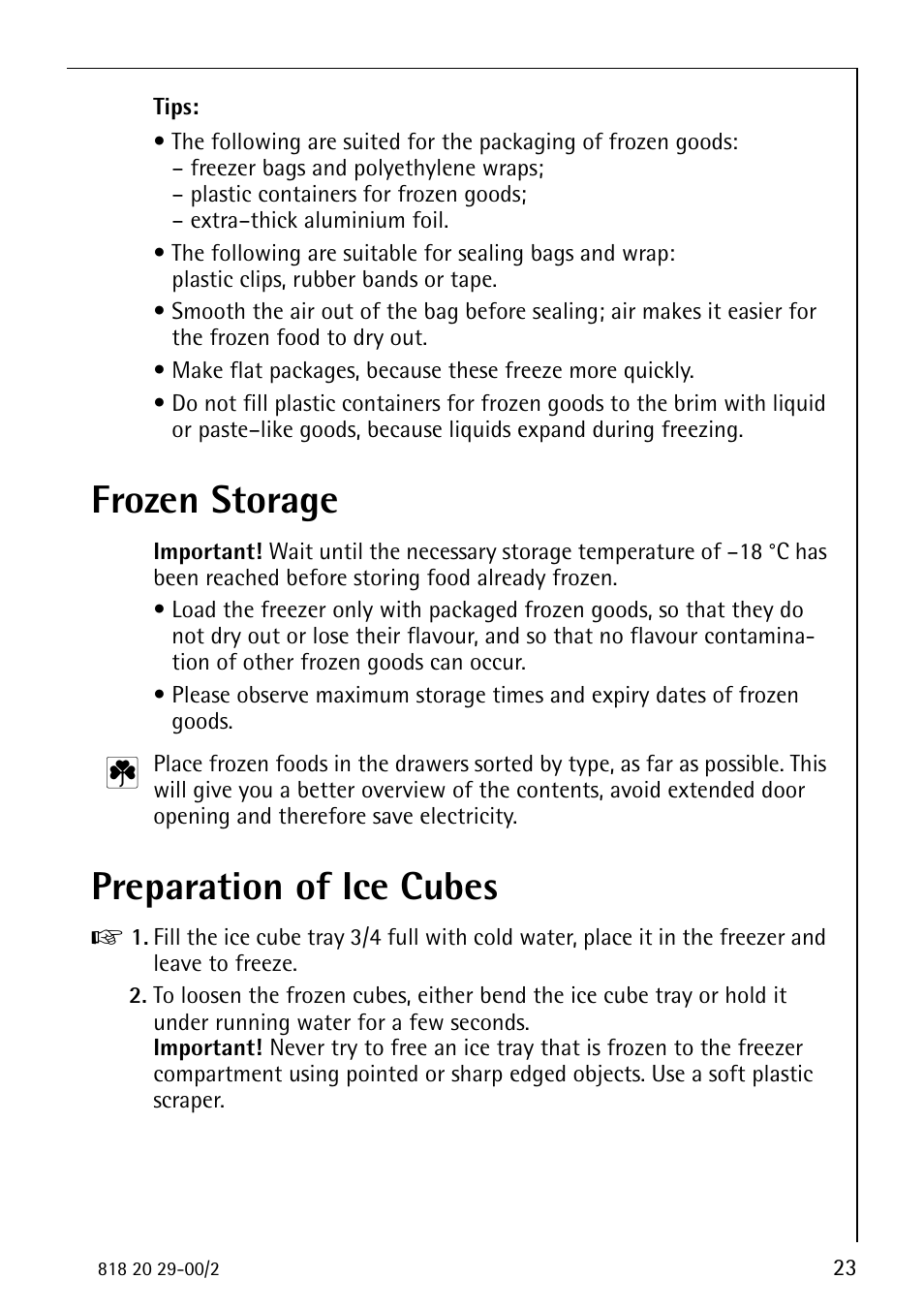 Frozen storage, Preparation of ice cubes | Electrolux 2494-6 GA User Manual | Page 23 / 32