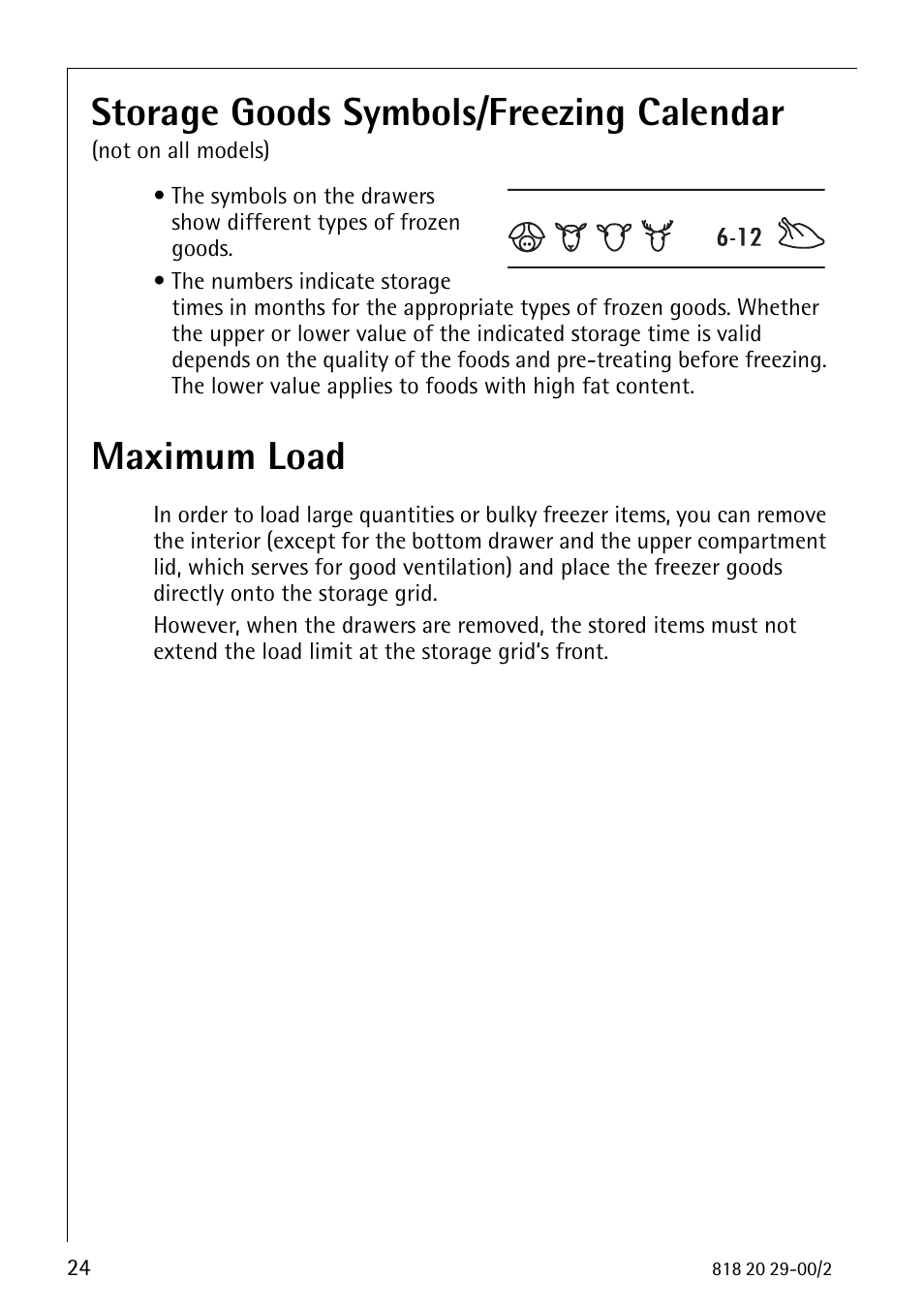 Storage goods symbols/freezing calendar, Maximum load | Electrolux 2494-6 GA User Manual | Page 24 / 32