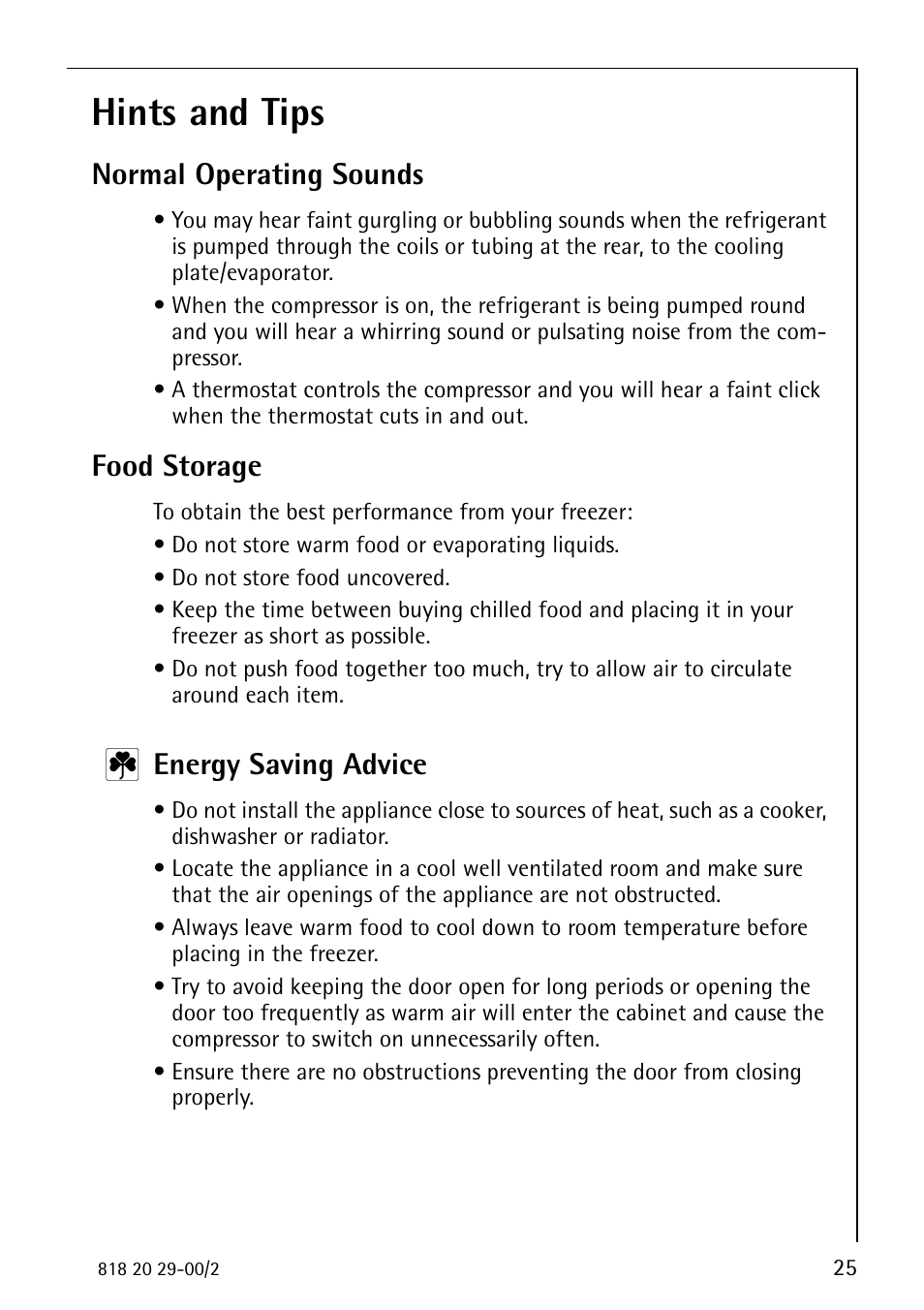 Hints and tips, Normal operating sounds, Food storage | Energy saving advice | Electrolux 2494-6 GA User Manual | Page 25 / 32