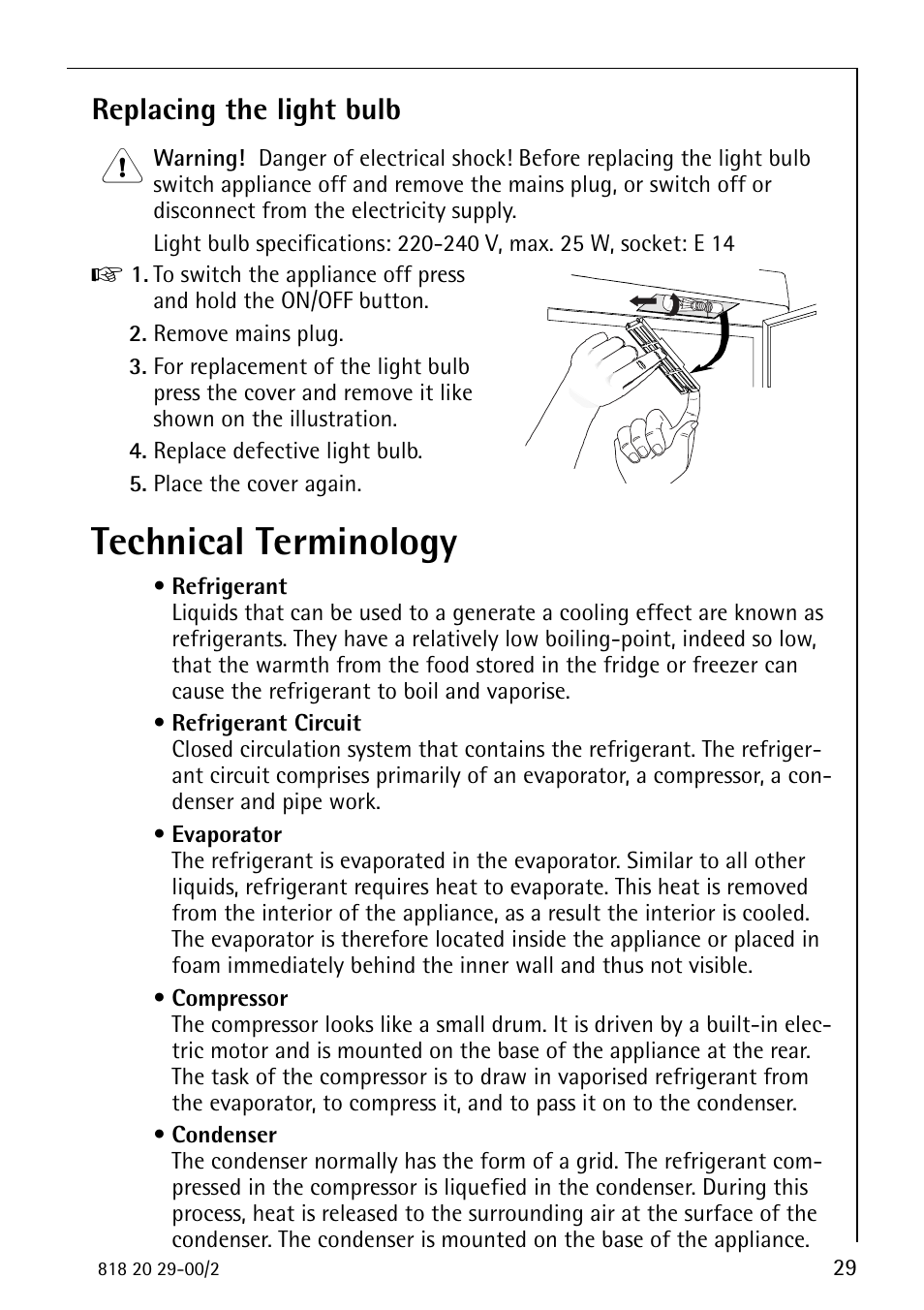 Technical terminology, Replacing the light bulb | Electrolux 2494-6 GA User Manual | Page 29 / 32