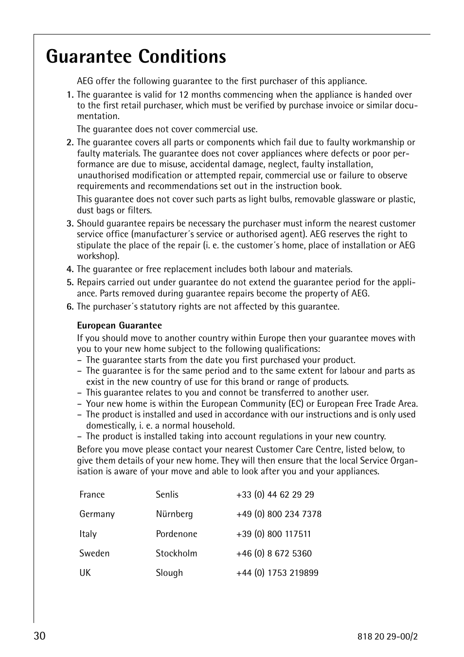 Guarantee conditions | Electrolux 2494-6 GA User Manual | Page 30 / 32