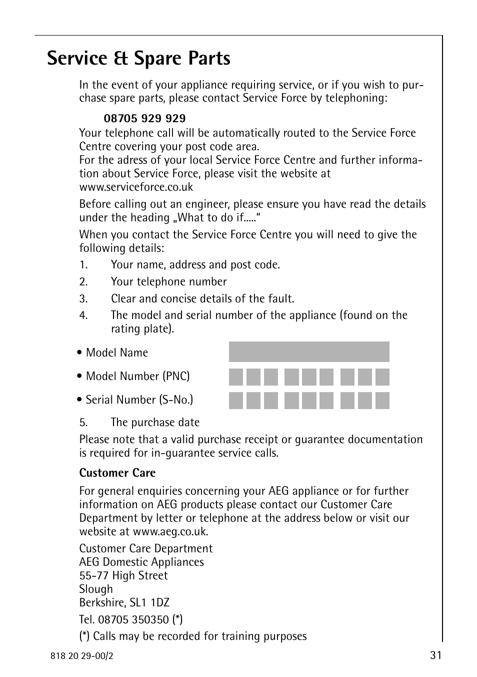 Service & spare parts | Electrolux 2494-6 GA User Manual | Page 31 / 32