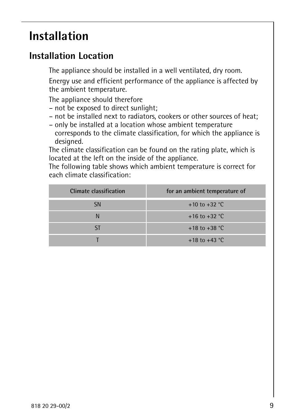 Installation, Installation location | Electrolux 2494-6 GA User Manual | Page 9 / 32