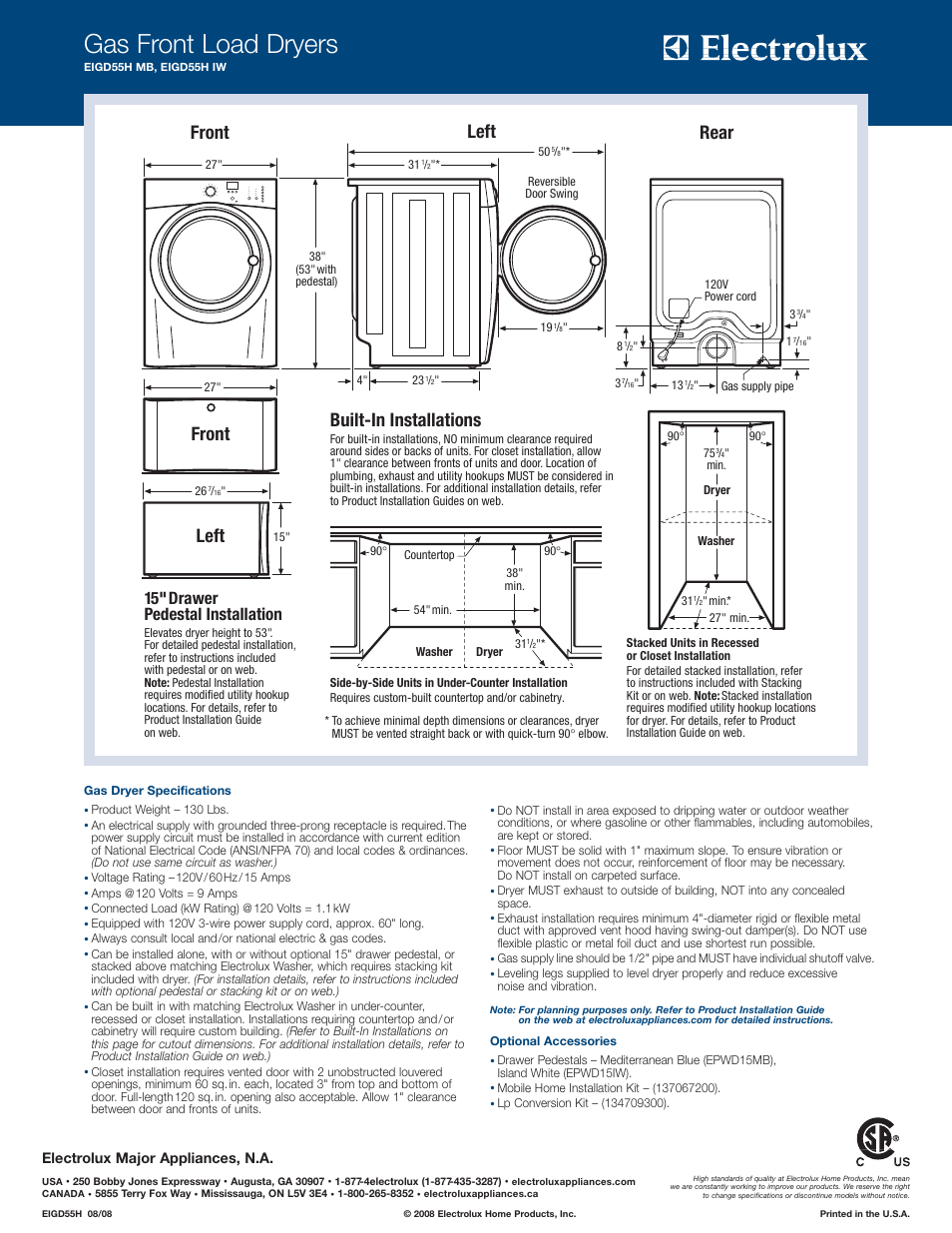 Gas front load dryers, Left, Front | Rear, Built-in installations, 15" drawer pedestal installation | Electrolux IQ-TOUCH EIGD55H MB User Manual | Page 2 / 2