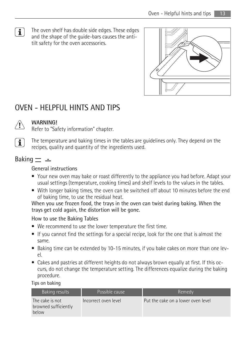 Oven - helpful hints and tips, Baking | Electrolux 30006VE User Manual | Page 13 / 28