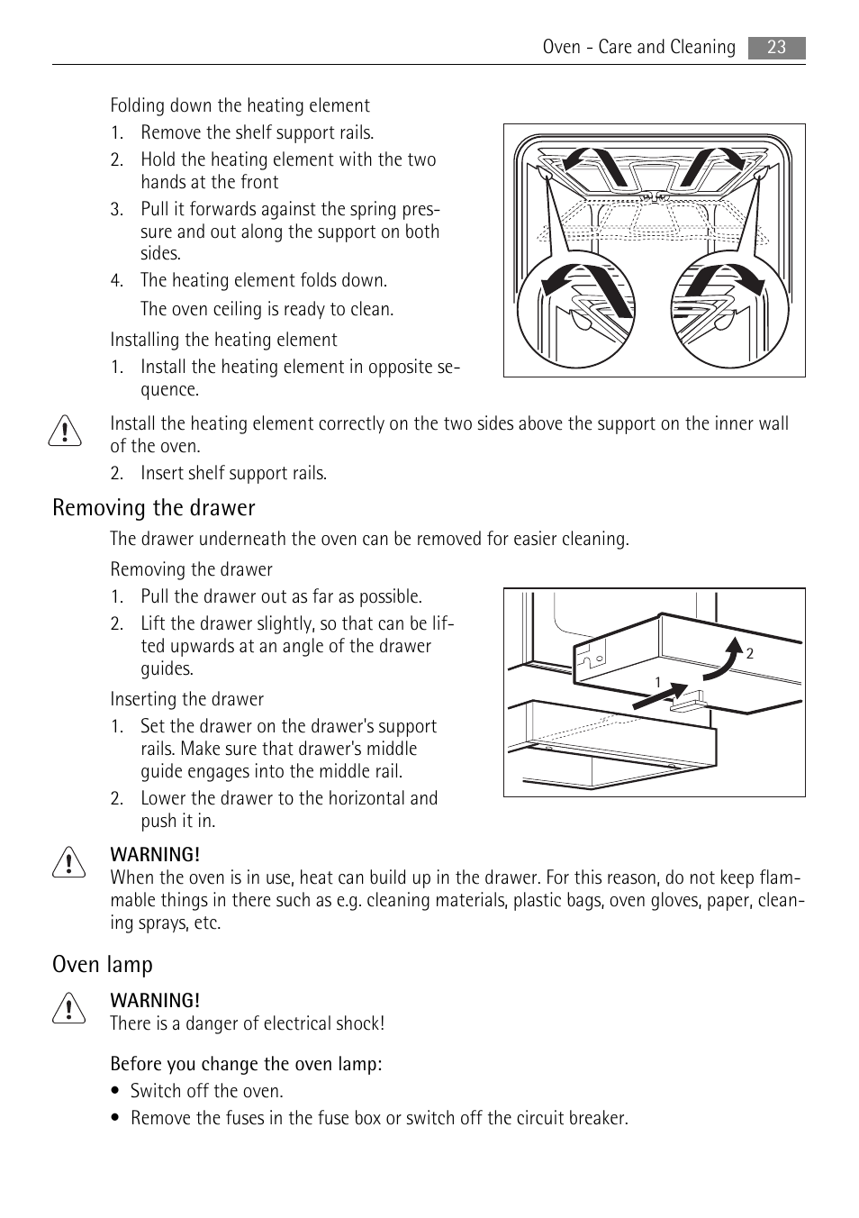 Removing the drawer, Oven lamp | Electrolux 30006VE User Manual | Page 23 / 28