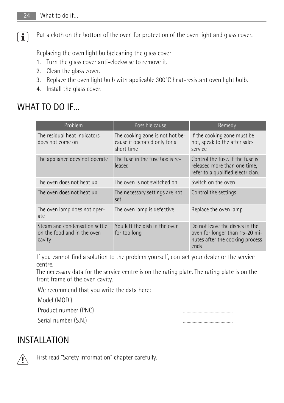 What to do if, Installation | Electrolux 30006VE User Manual | Page 24 / 28