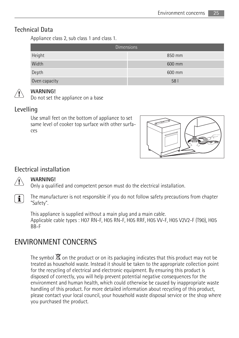 Environment concerns, Technical data, Levelling | Electrical installation | Electrolux 30006VE User Manual | Page 25 / 28
