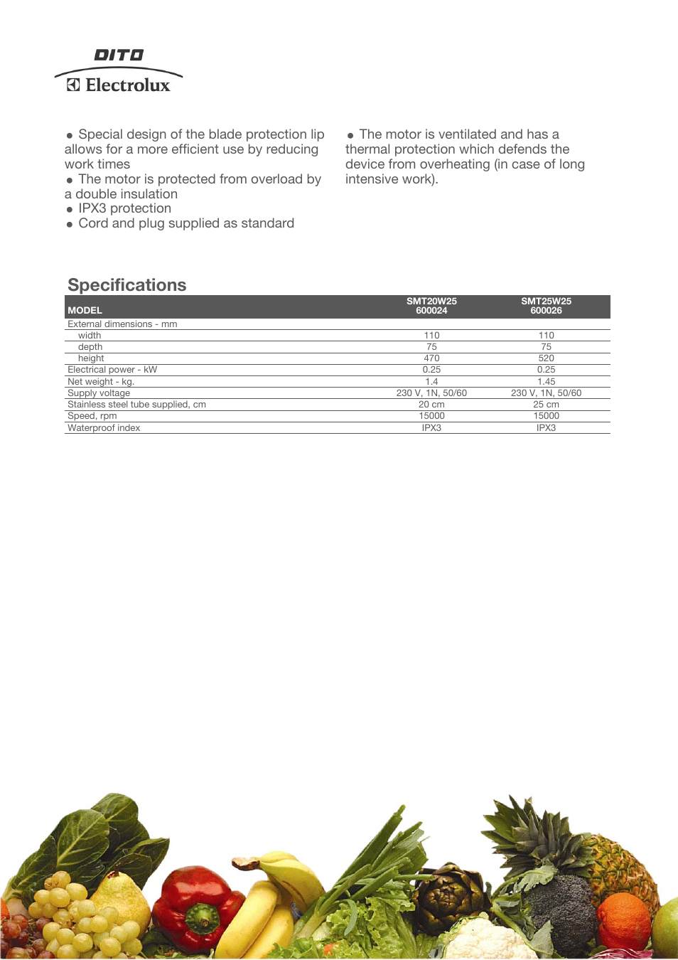 Specifications, Ipx3 protection, Cord and plug supplied as standard | Electrolux Dito 600026 User Manual | Page 2 / 3