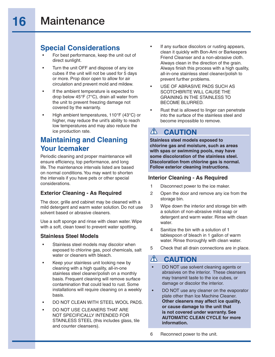 Maintenance, Special considerations, Maintaining and cleaning your icemaker | Caution | Electrolux Ice Maker 241927600 User Manual | Page 16 / 22