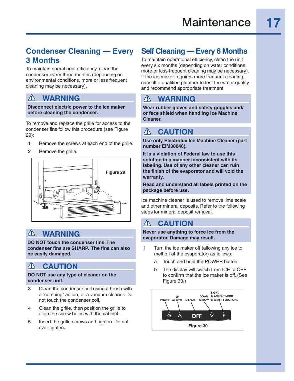 Maintenance, Warning, Condenser cleaning — every 3 months | Caution, Self cleaning — every 6 months | Electrolux Ice Maker 241927600 User Manual | Page 17 / 22