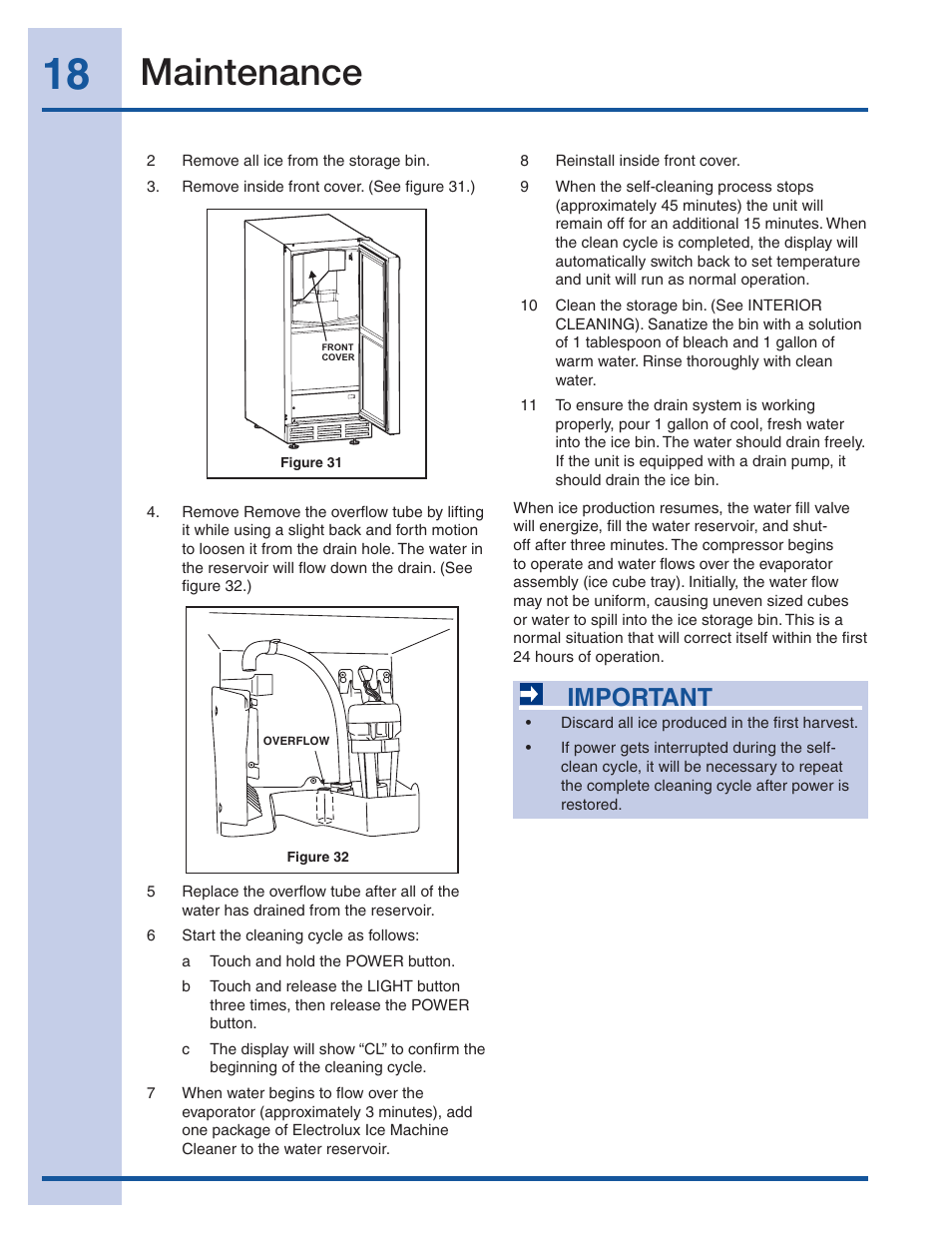 Maintenance, Important | Electrolux Ice Maker 241927600 User Manual | Page 18 / 22