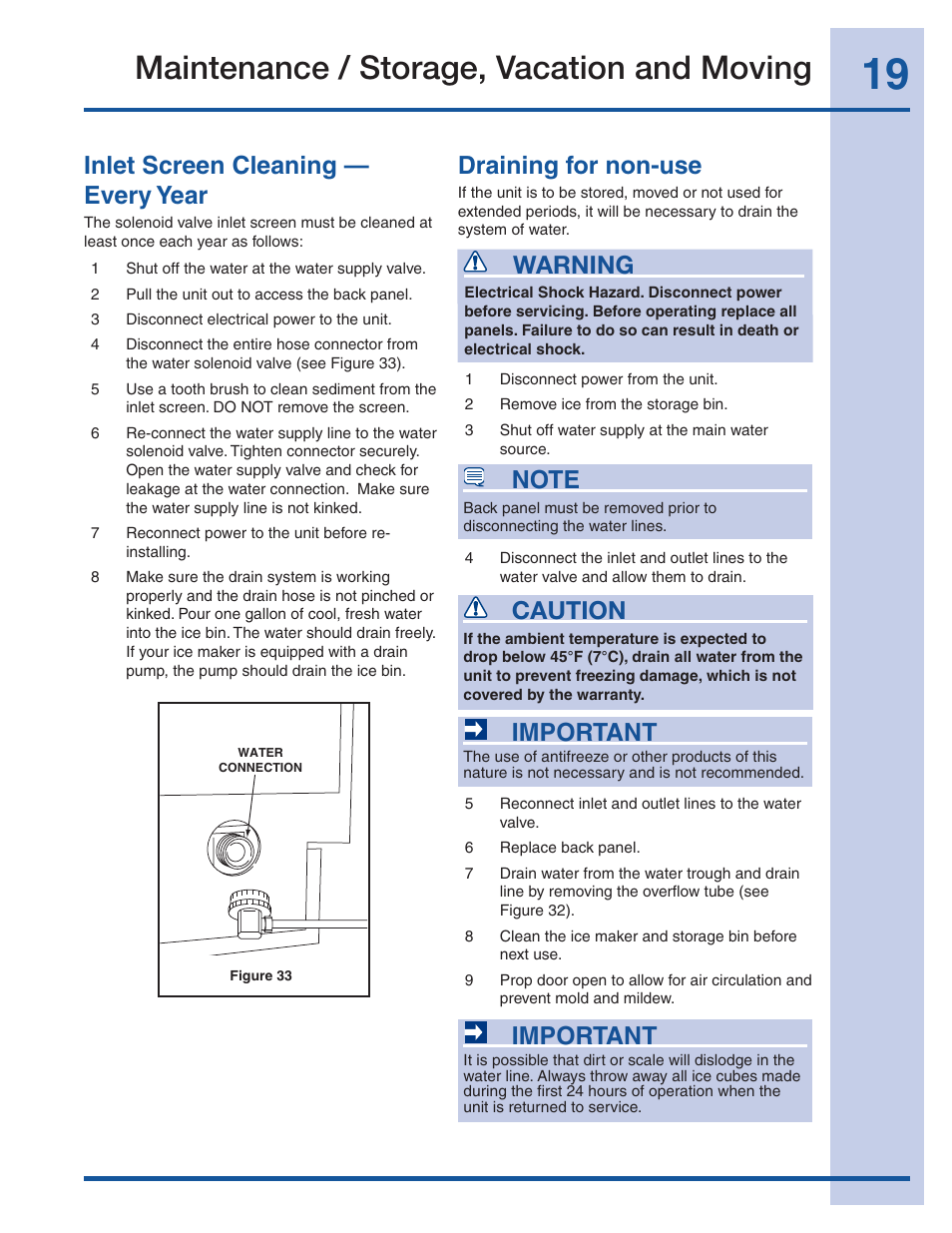 Maintenance / storage, vacation and moving, Inlet screen cleaning — every year, Draining for non-use | Caution, Important, Warning | Electrolux Ice Maker 241927600 User Manual | Page 19 / 22