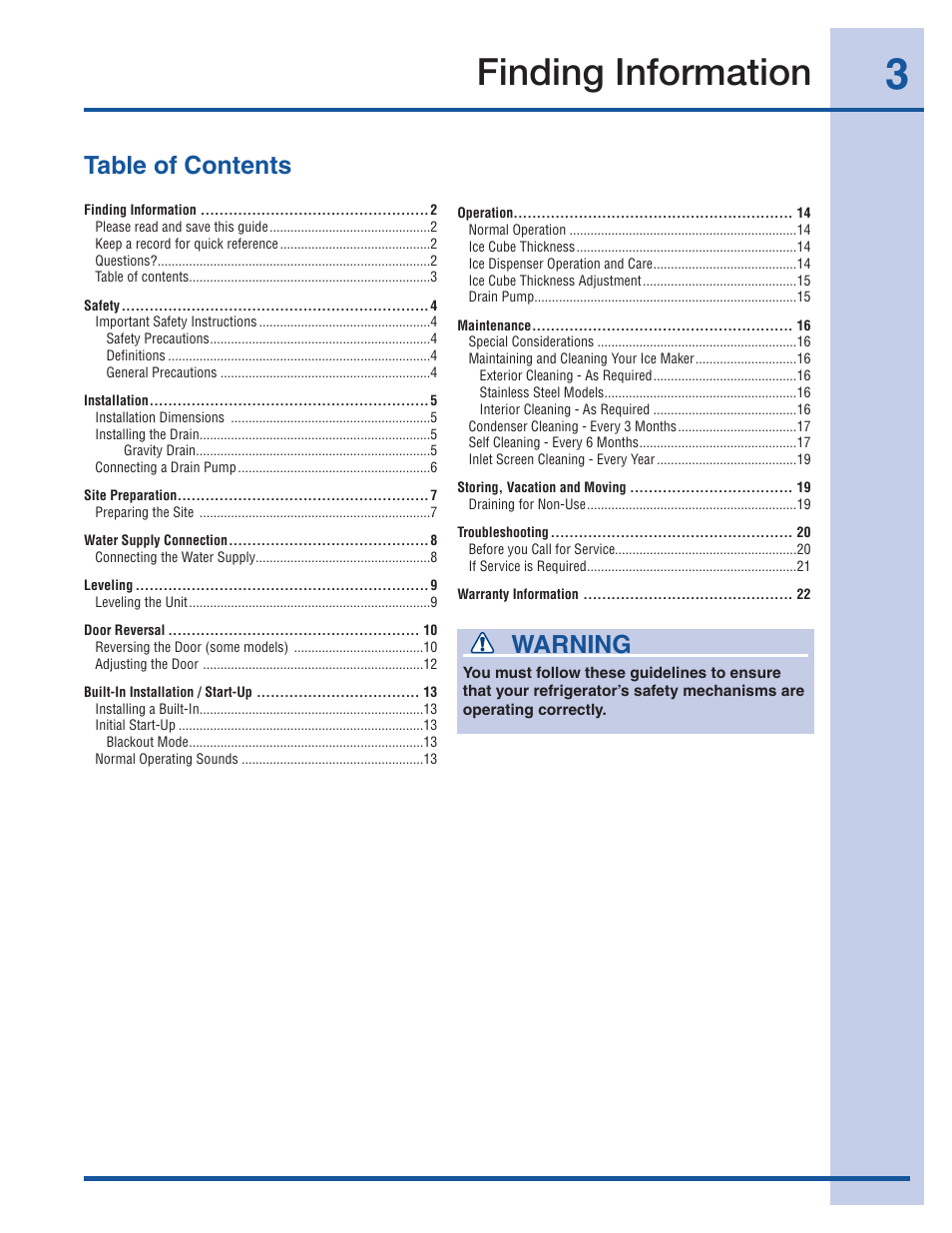 Finding information, Table of contents warning | Electrolux Ice Maker 241927600 User Manual | Page 3 / 22