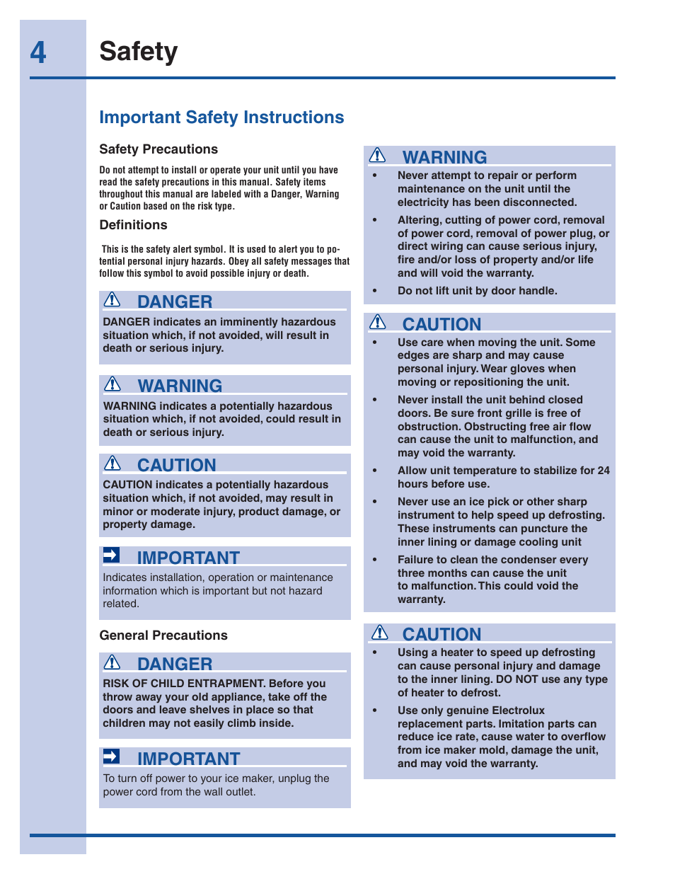 Safety, Danger, Important safety instructions | Caution, Warning, Important | Electrolux Ice Maker 241927600 User Manual | Page 4 / 22