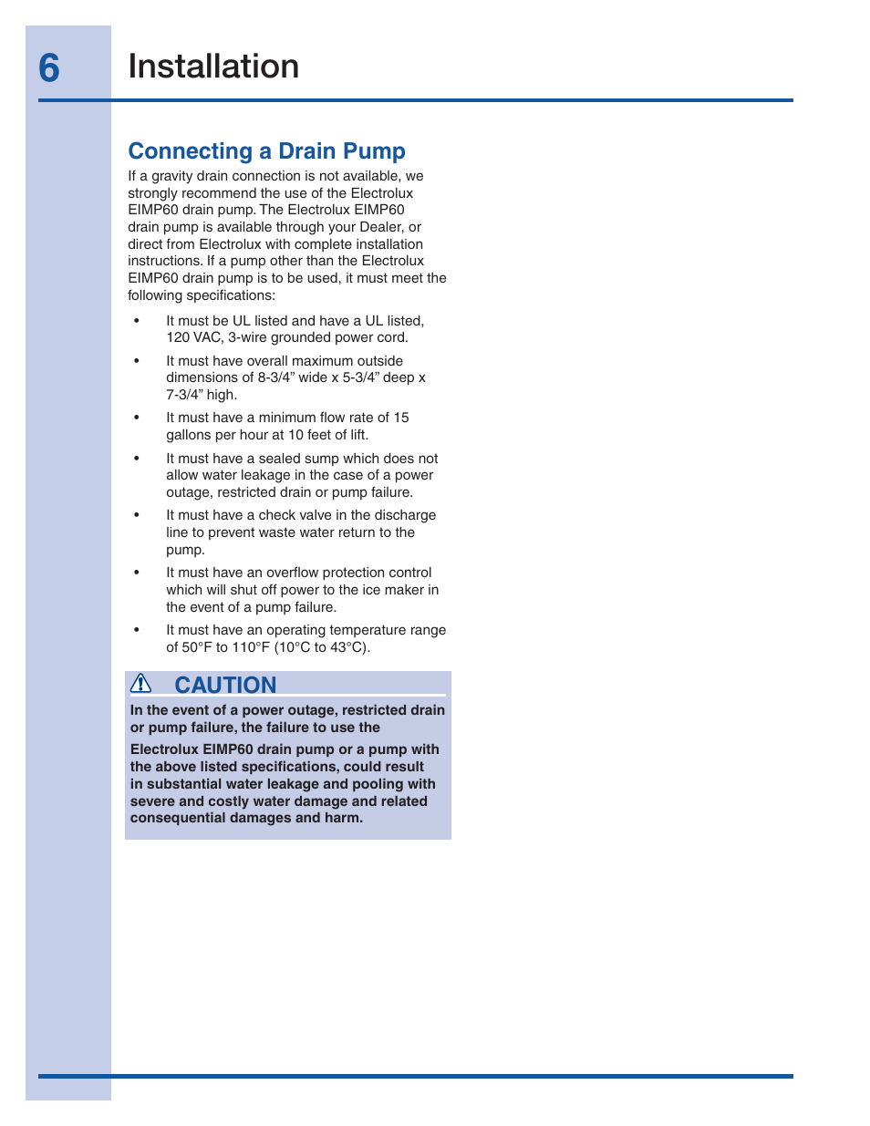 Installation, Connecting a drain pump, Caution | Electrolux Ice Maker 241927600 User Manual | Page 6 / 22