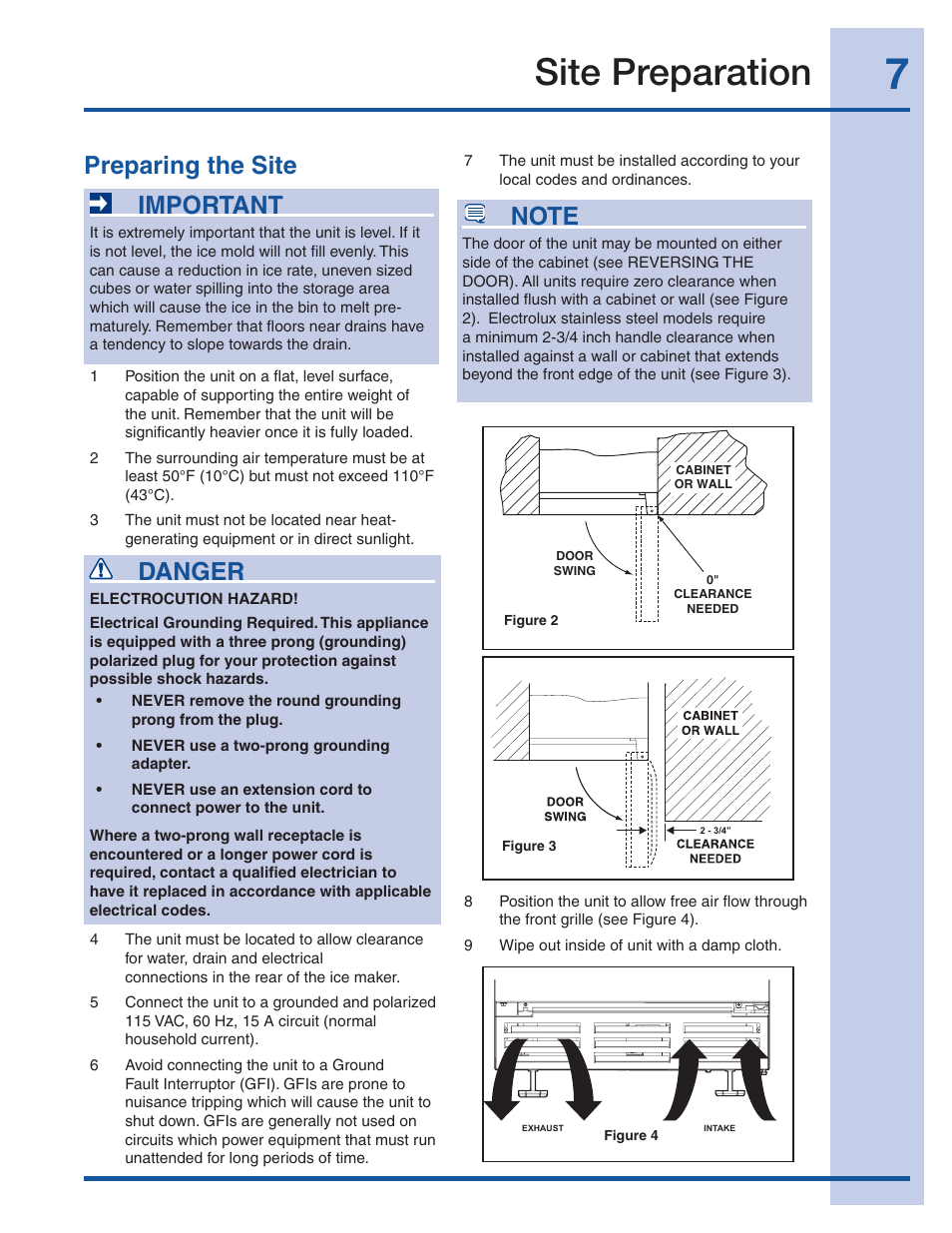 Site preparation, Preparing the site, Important | Danger | Electrolux Ice Maker 241927600 User Manual | Page 7 / 22