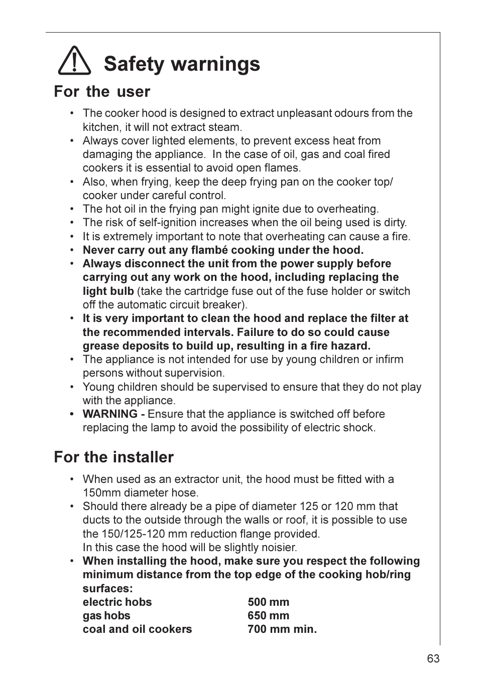 Safety warnings, For the user, For the installer | Electrolux DK 9360-9390 User Manual | Page 3 / 24