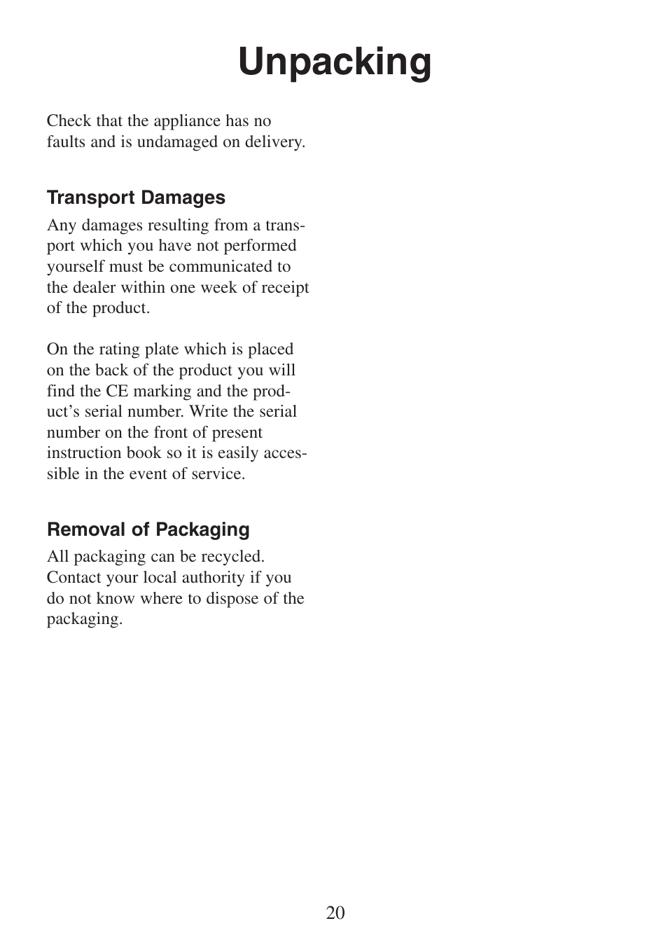 Unpacking | Electrolux FM 2500DD-A User Manual | Page 20 / 40