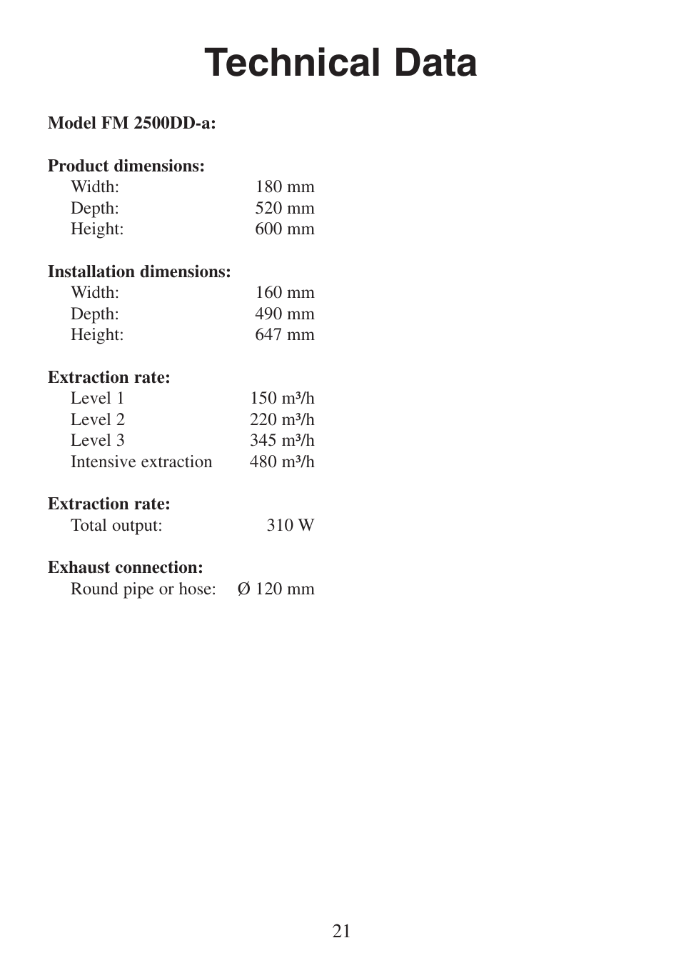 Technical data | Electrolux FM 2500DD-A User Manual | Page 21 / 40