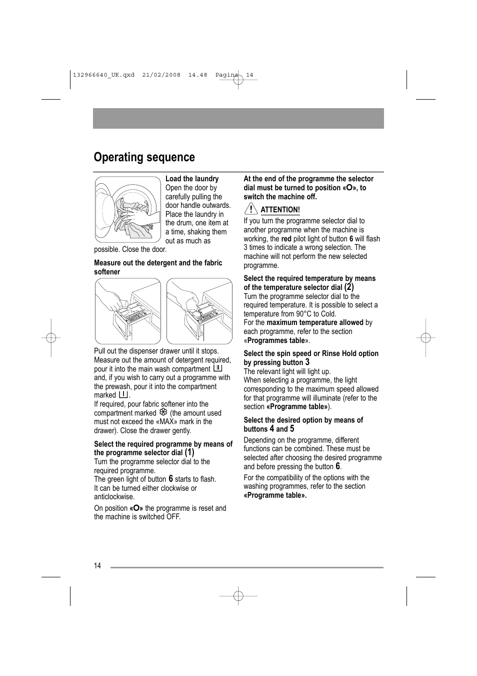 Operating sequence | Electrolux AW 1402 W User Manual | Page 14 / 28