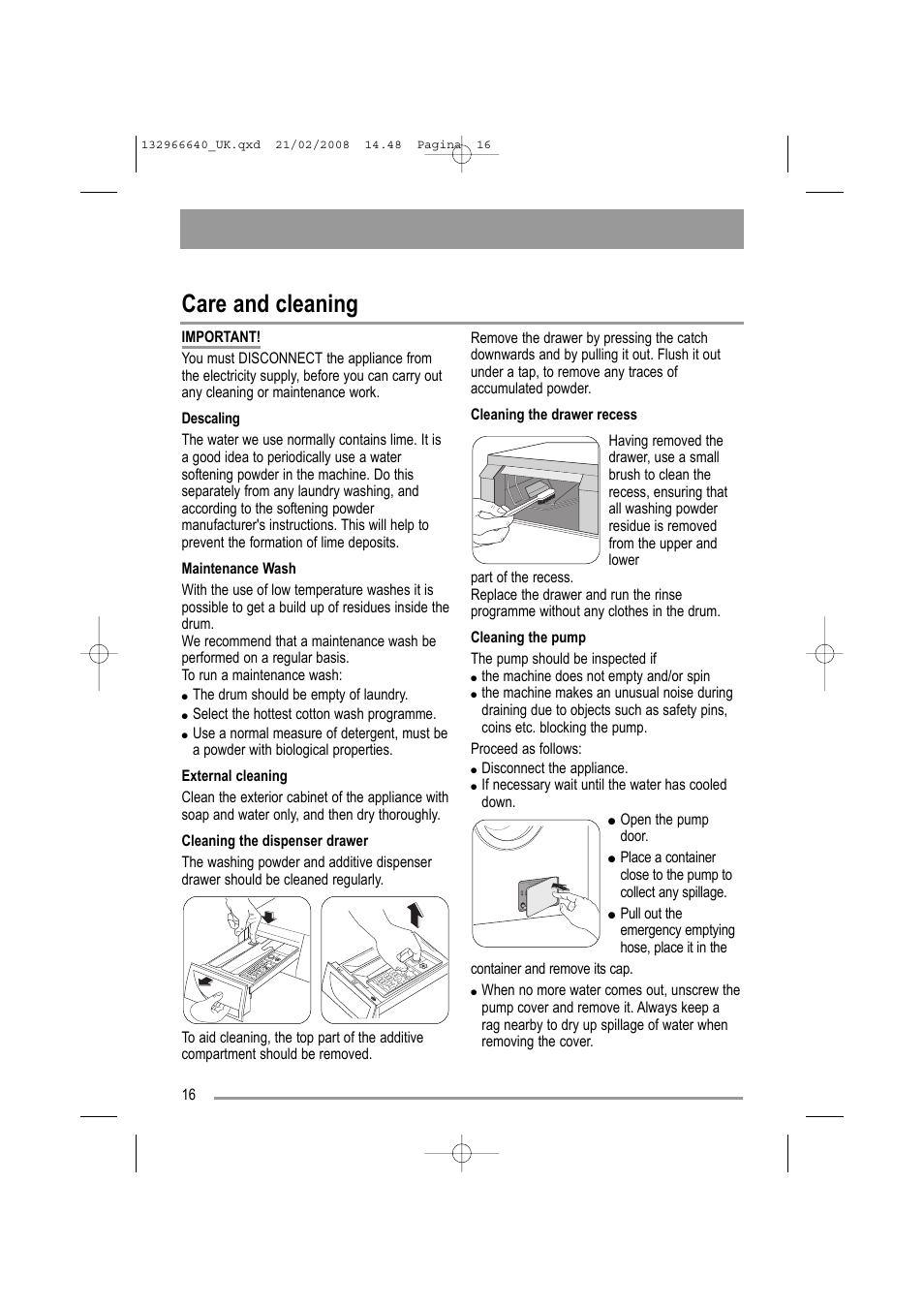 Care and cleaning | Electrolux AW 1402 W User Manual | Page 16 / 28