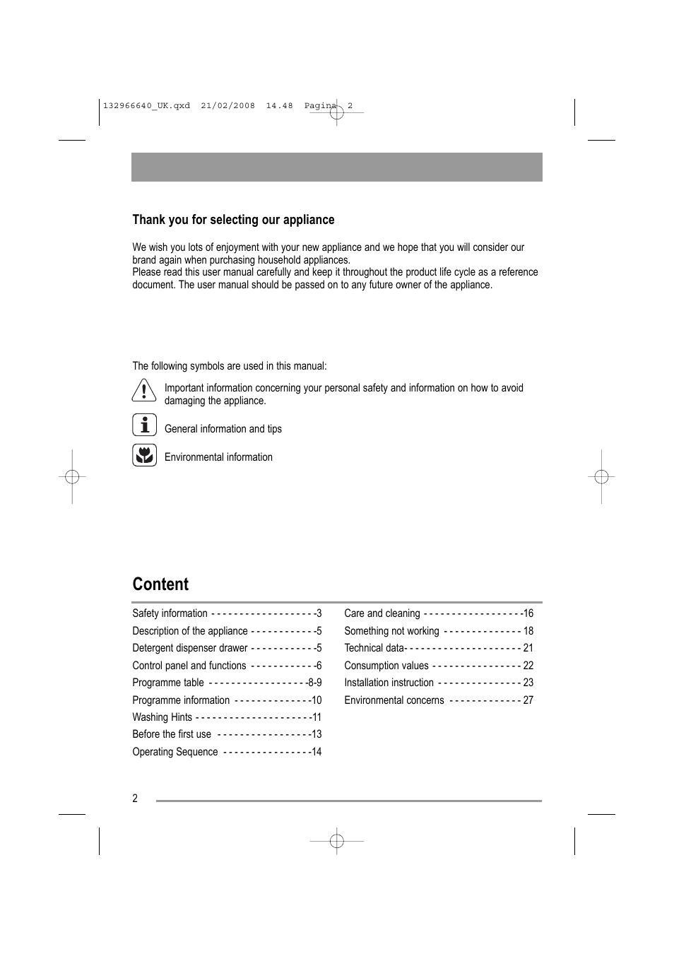 Content | Electrolux AW 1402 W User Manual | Page 2 / 28