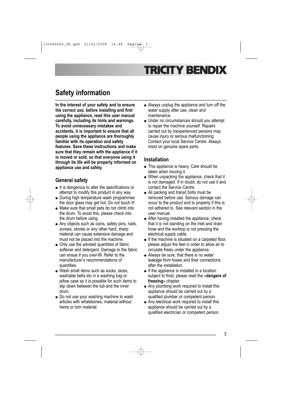 Safety information, General safety, Installation | Electrolux AW 1402 W User Manual | Page 3 / 28