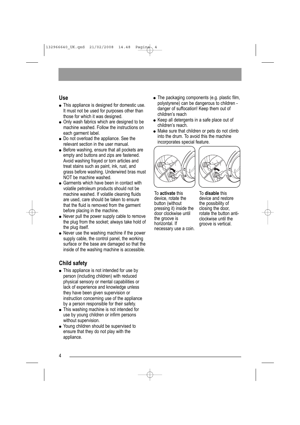 Child safety | Electrolux AW 1402 W User Manual | Page 4 / 28
