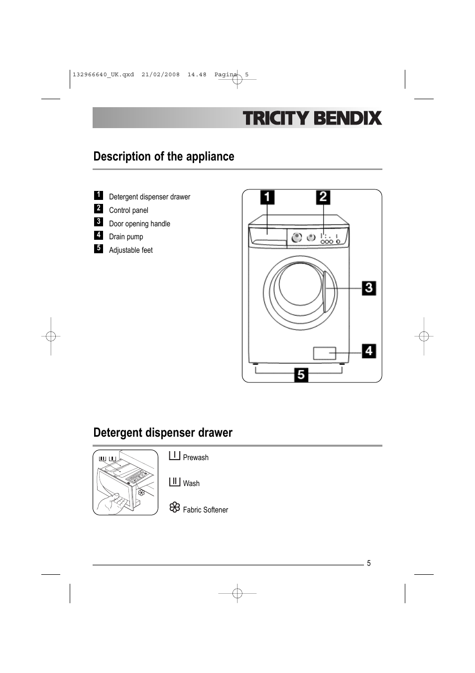 Description of the appliance, Detergent dispenser drawer | Electrolux AW 1402 W User Manual | Page 5 / 28