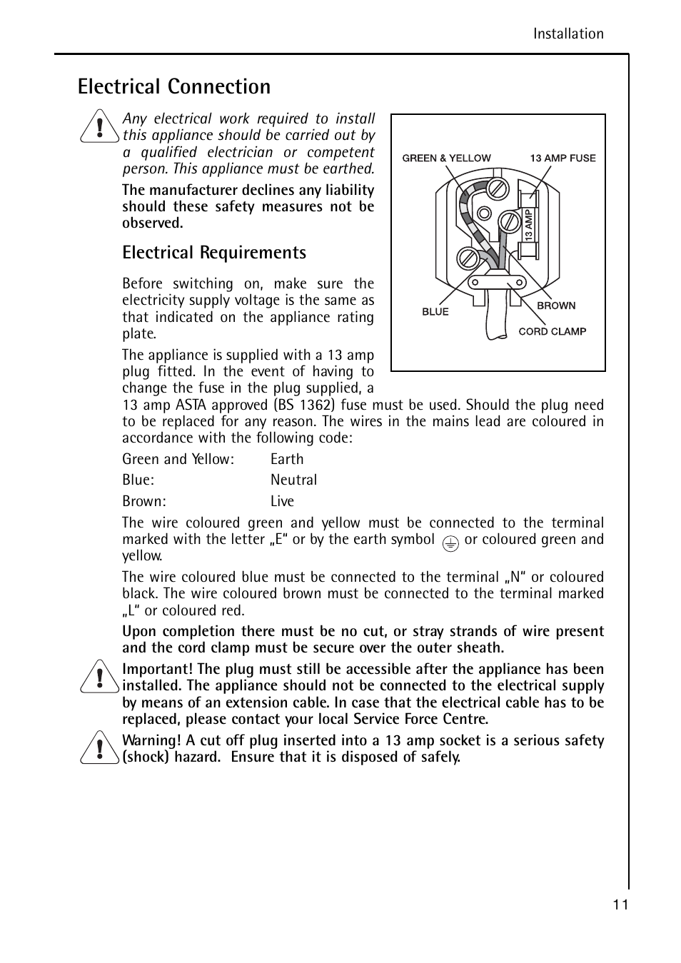Electrical connection, Electrical requirements | Electrolux A 40100 GS User Manual | Page 11 / 28