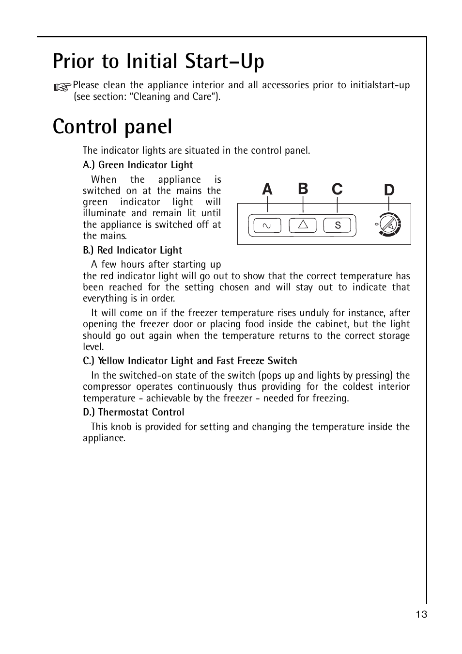 Prior to initial start–up, Control panel | Electrolux A 40100 GS User Manual | Page 13 / 28