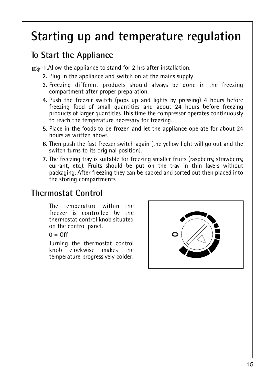 Starting up and temperature regulation, Thermostat control | Electrolux A 40100 GS User Manual | Page 15 / 28