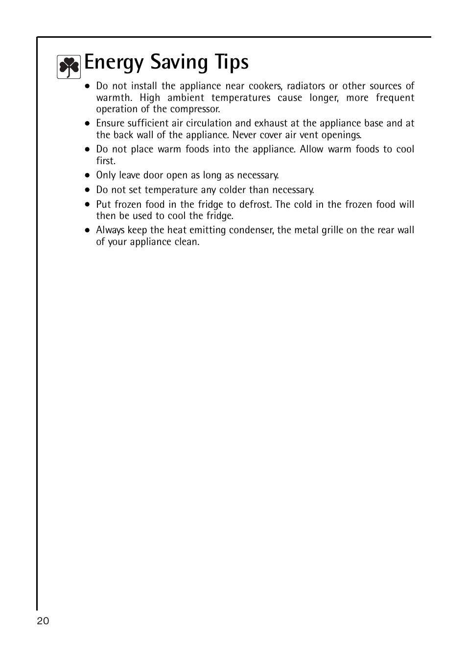 Energy saving tips | Electrolux A 40100 GS User Manual | Page 20 / 28