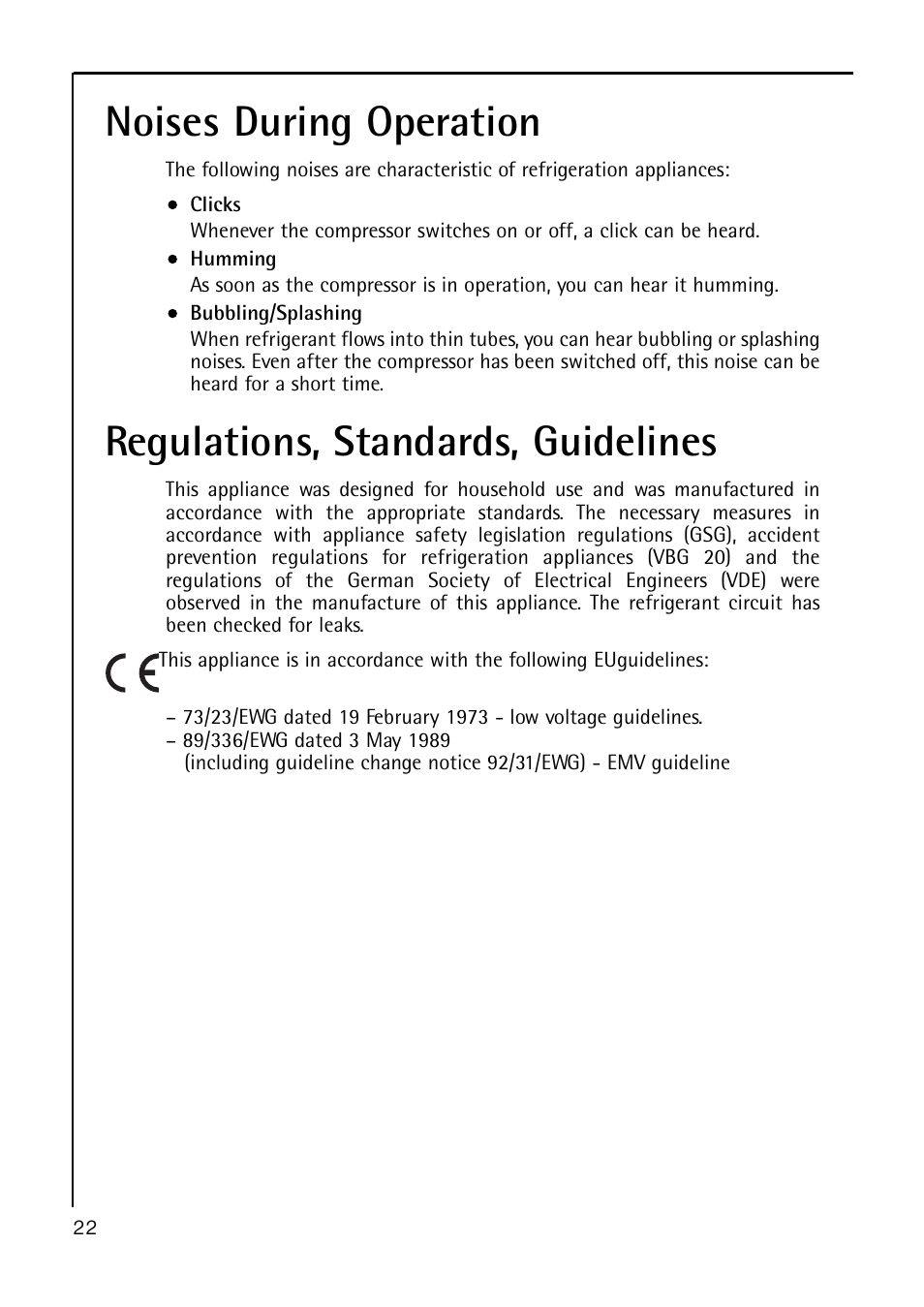 Noises during operation, Regulations, standards, guidelines | Electrolux A 40100 GS User Manual | Page 22 / 28