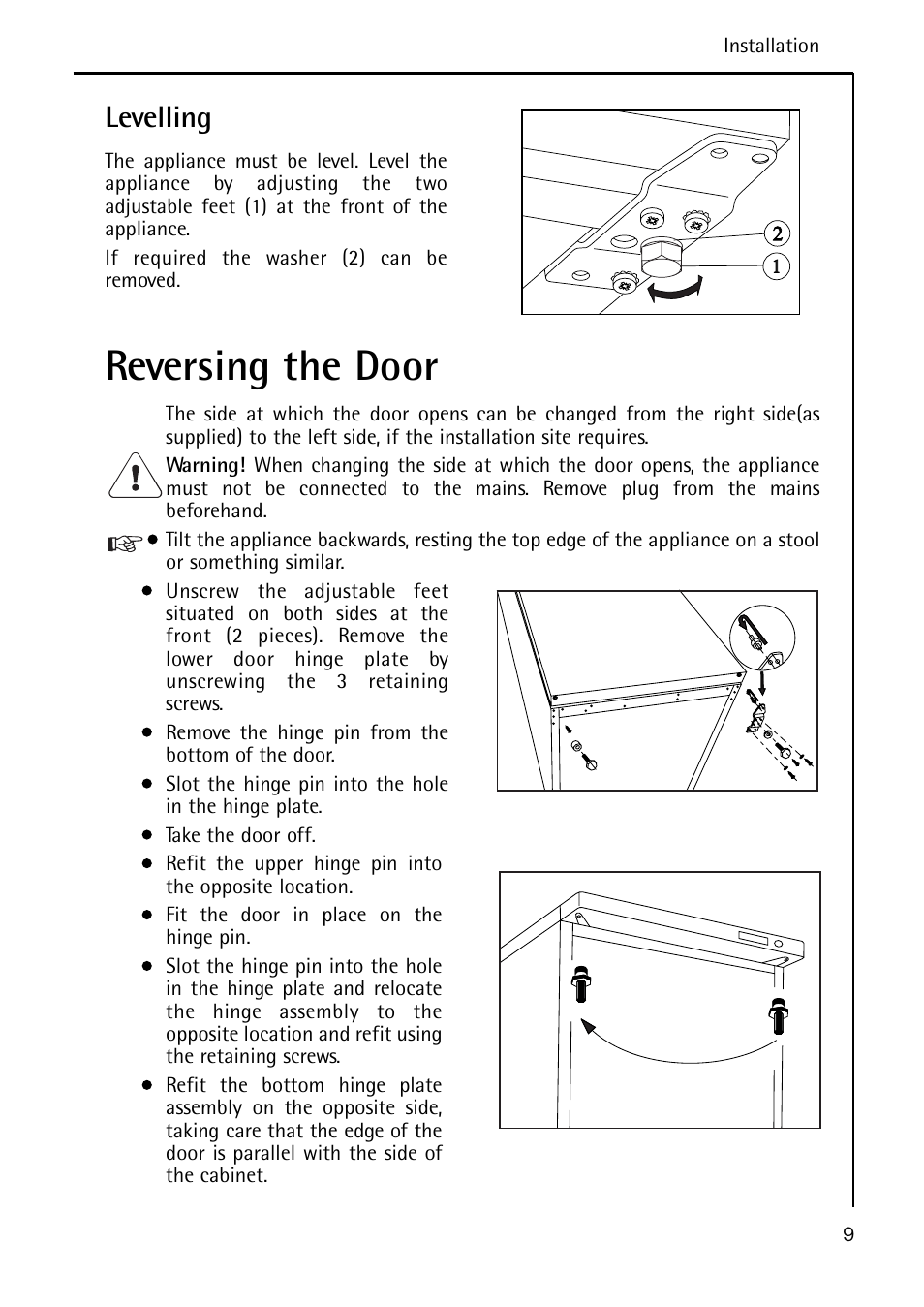Reversing the door, Levelling | Electrolux A 40100 GS User Manual | Page 9 / 28