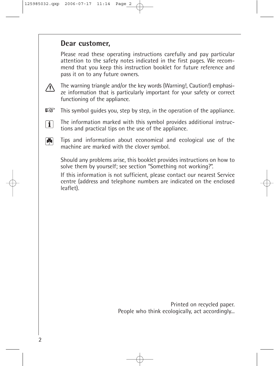 Dear customer | Electrolux LAVATHERM T57830 User Manual | Page 2 / 33