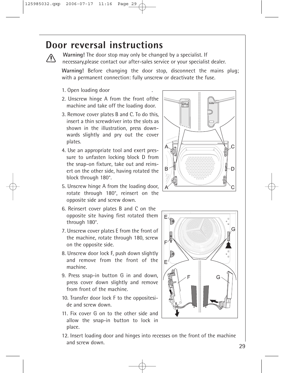 Door reversal instructions | Electrolux LAVATHERM T57830 User Manual | Page 29 / 33