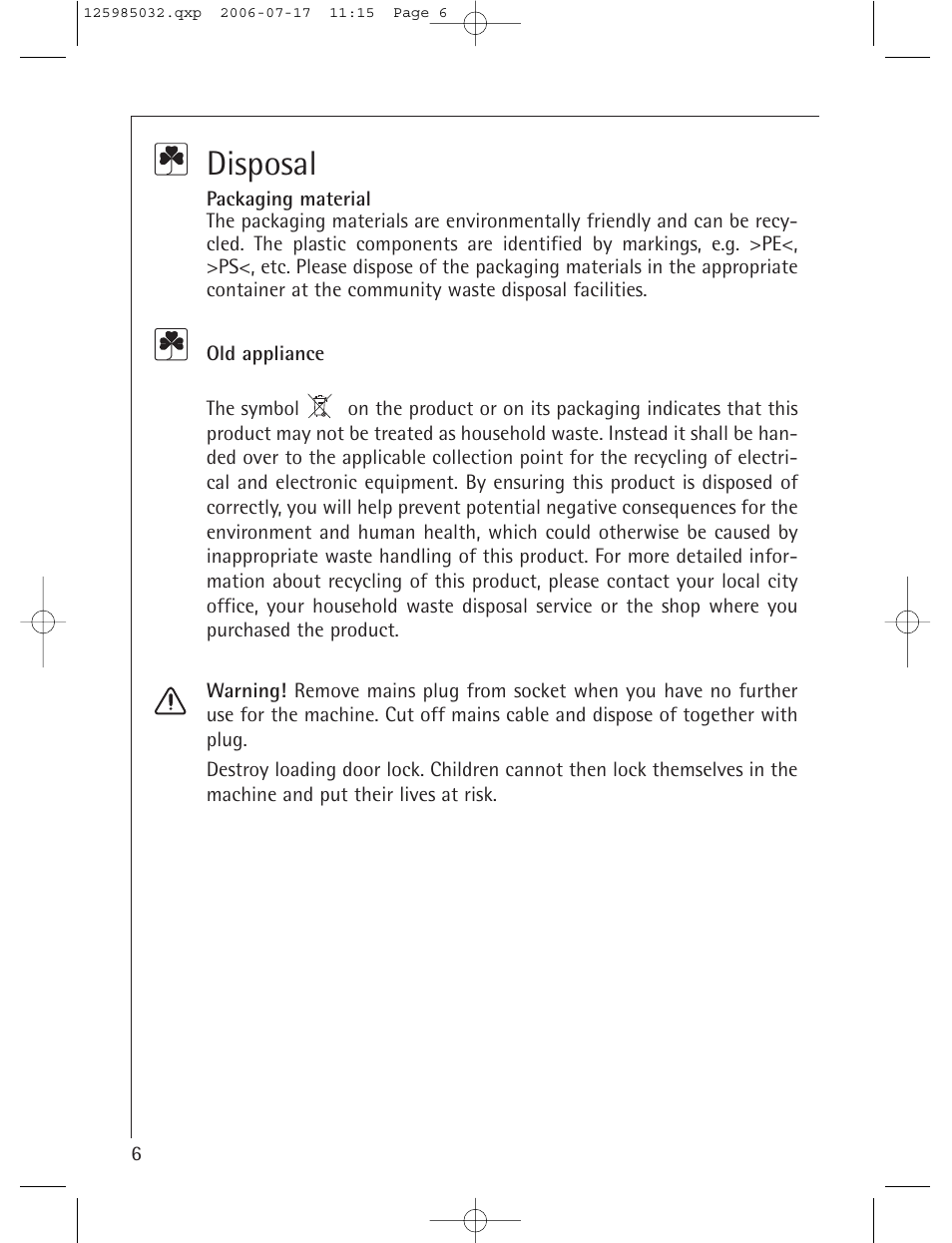 Disposal | Electrolux LAVATHERM T57830 User Manual | Page 6 / 33