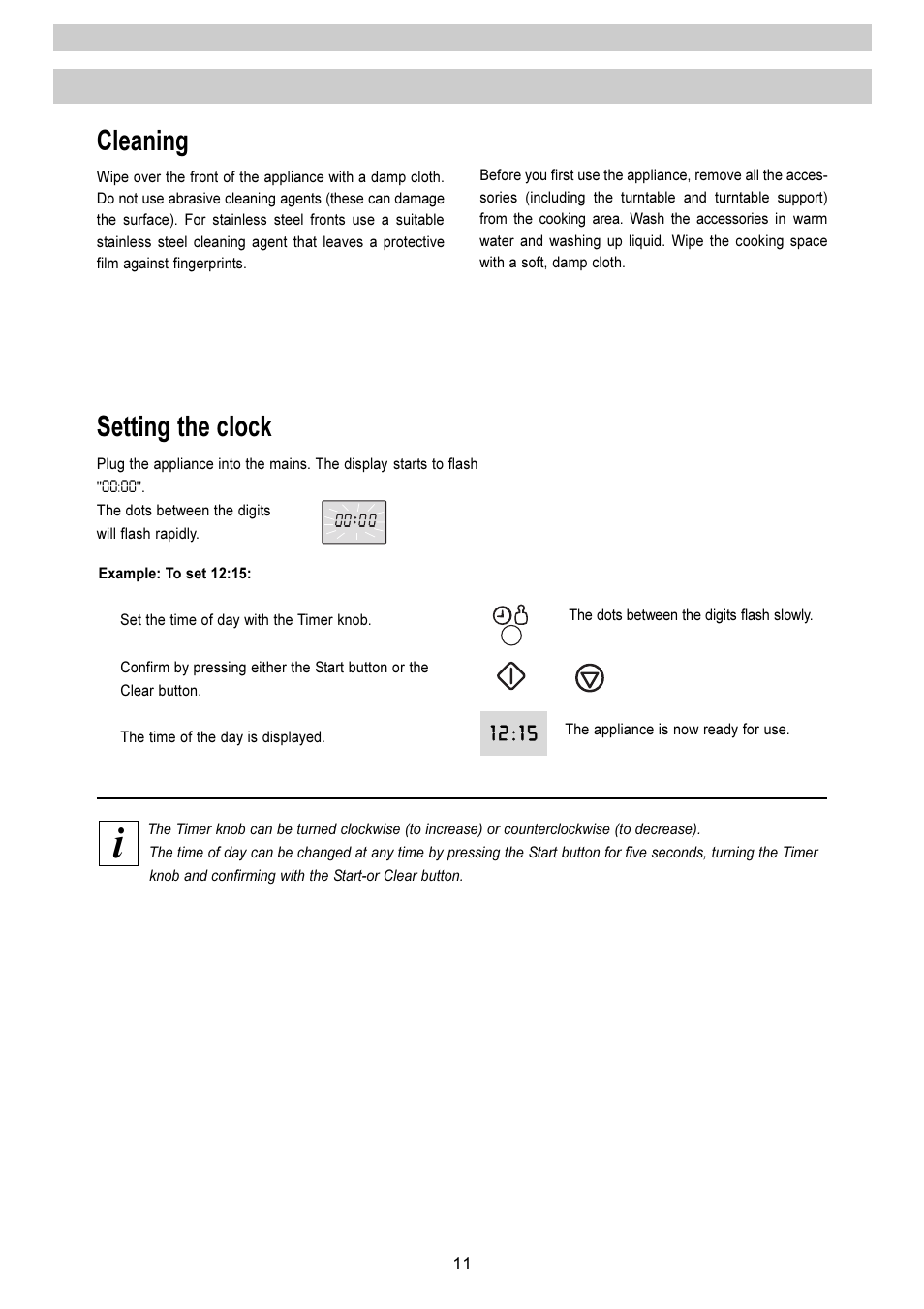 Cleaning, Setting the clock | Electrolux EMS 2485 User Manual | Page 11 / 32